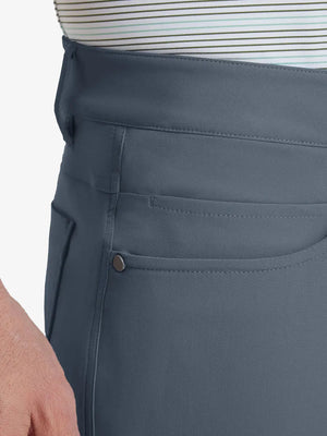 Close-up of right front pocket on Stretch Plain Everyday Pants, detailed stitching – DARK GREY