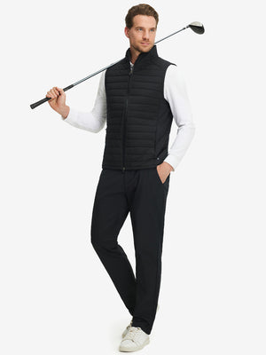 Model wearing Lightweight Water Resistant Puffer Vest in black, holding golf club
