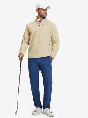 Lifestyle shots of winter thermal outdoor water resistant fleece jacket in light khaki, worn while holding golf clubs