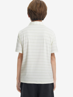Back upper body view of kids stylish stripe polo shirts, showing pattern and beige stripe tone