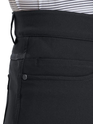 Close-up of right front pocket on Stretch Plain Everyday Pants, detailed stitching – BLACK