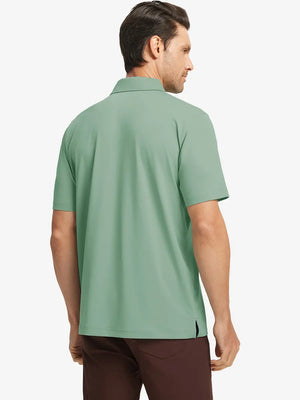 Back half-body view of model in BERYL GREEN Stylish Chest Print Snap Polo