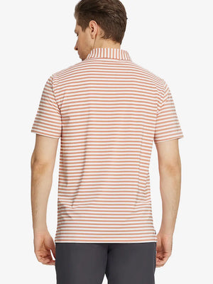 Back half-body view of Orange Dark Blue Yarn Dyed Stripe Polo