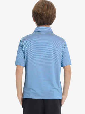 Back upper body of Kids stripe golf polos with clean lines and aqua stripe tone