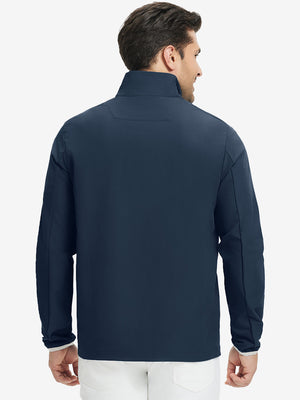 Back upper body view of the navy mock neck golf pullover, model turns head for relaxed pose.