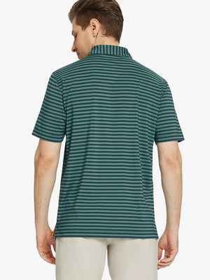 Back half-body view of Turquoise Navy Yarn Dyed Stripe Polo