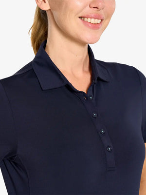 Close-up front view from nose to chest in NAVY Women's Performance Solid Polo