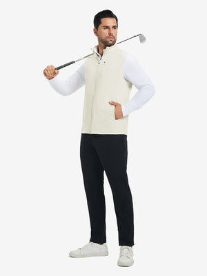 Lifestyle shots of water-resistant fleece golf vests in cream, worn while holding golf clubs