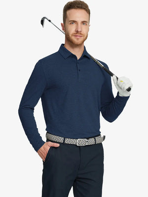 Model wearing Cobalt Heather Skin-friendly Long Sleeve Melange Polo – front half-body holding golf club