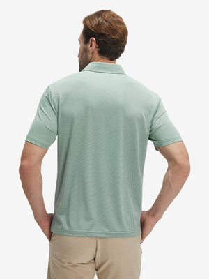 Back waist-up shot of model wearing grey green ultra-light quick dry moisture wicking collared polo shirt