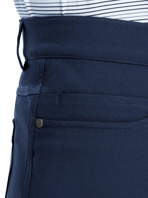 Close-up of right front pocket on Stretch Plain Everyday Pants, detailed stitching – NAVY