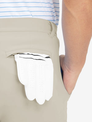 Back pocket detail of Lightweight Ankle-Zip Sweatpants with 4 Pockets in khaki light