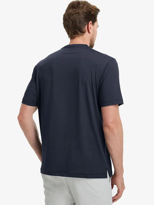 Back half-body view wearing Everyday Collarless Jersey Shirt in DARK GREY.