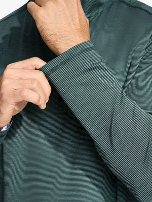 Close-up of cuff on Pinstripe Quarter Zip Pullover, showing stretch and construction – DARK GREEN MELANGE