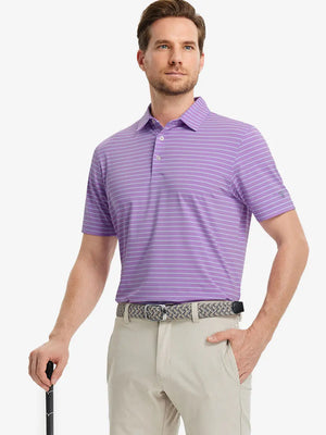 Model in LILAC/LIGHT BLUE STRIPE Polo holding golf club — relaxed and stylish