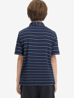 Back upper body of model in trendy boys stripe polo shirts, showing silhouette and navy stripe tone