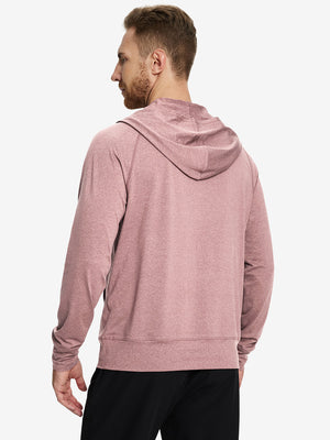 Back angle of the Pink Heather Quarter Zip Hoodie, model turns head slightly for a relaxed look.