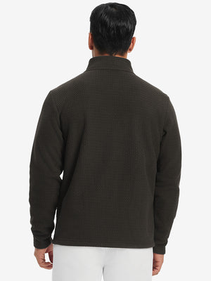 Back upper view of model in soft winter fleece jackets, showing shoulder fit and fleece texture in coffee brown.