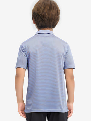 Back half-body view of youth wearing bluishyellow stripe performance cooling polo, showing rear design