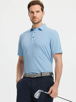 Model holding club in LIGHT BLUE/COBALT STRIPE Polo with sporty confidence