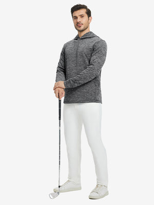 Full body view of model holding golf club in texture solid hoodies pullover, sporty look, black heather.