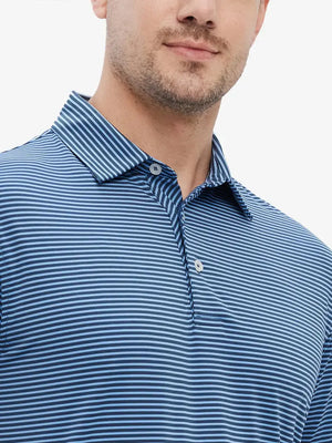 Model wearing BLUE DENIM STRIPE polo, front view from nose to chest, casual and cool for summer rounds
