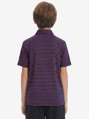 Back upper body view of youth performance golf polos, showing shape and smooth navy/red stripe finish