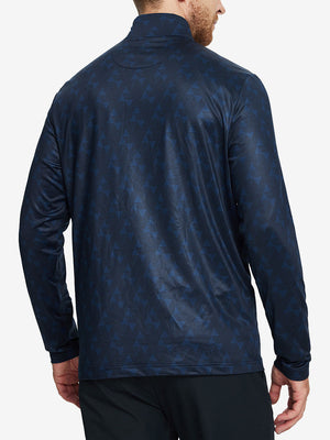 Back view of Heather Pinstripe Brushed Dry Fit Quarter Zip Pullover in navy geo, showing clean athletic fit
