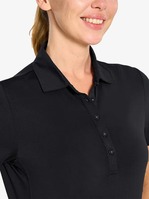 Close-up front view from nose to chest in BLACK Women's Performance Solid Polo