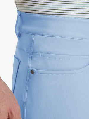 Close-up of right front pocket on Stretch Plain Everyday Pants, detailed stitching – LIGHT BLUE