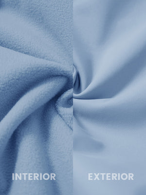 Inside and outside fabric view of misty blue thermal water repellent fleece dress pants