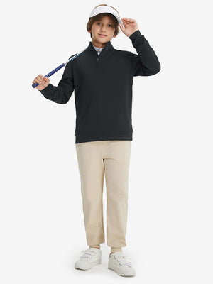 Full body model holding a golf club, styled in youth winter micro-fleece quarter zip pullover with black