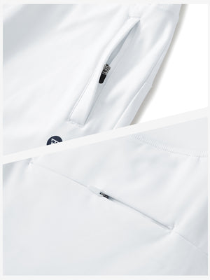 Detailed view of the front side pocket on women's stretch fleece lined water resistant joggers in white, showing stitching and design.