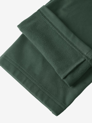 Boys Stretch Fleece Lined Casual Golf Pants in forest green, flat lay showing fleece lining