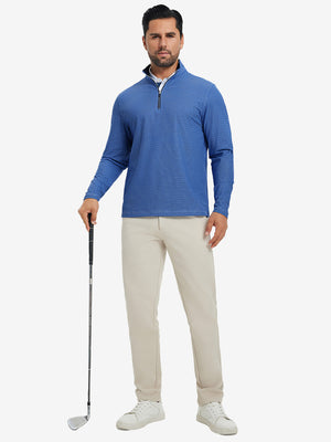 Model holding golf club in Full print lightweight quarter zip pullover with sporty cobalt wave
