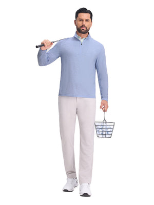 Front full body shot of model exercising in light blue featherweight midlayer quarter zip pullover
