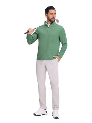 Front full body shot of model exercising in light green featherweight midlayer quarter zip pullover