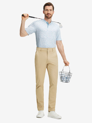 Full front: model in white blue florals stretch printed collarless henley golf shirts holding golf club.
