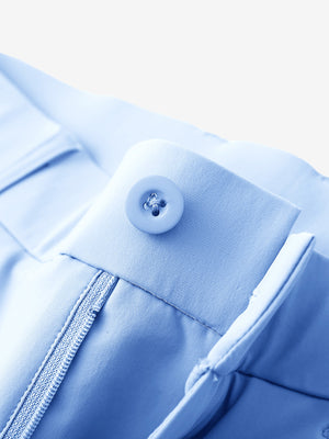 Waist detail of quick dry casual dress pants in light blue, featuring button and zipper design.
