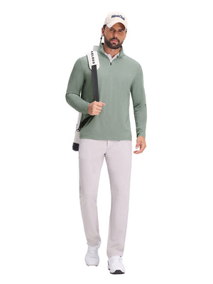 Front full body shot of model exercising in grey green featherweight midlayer quarter zip pullover