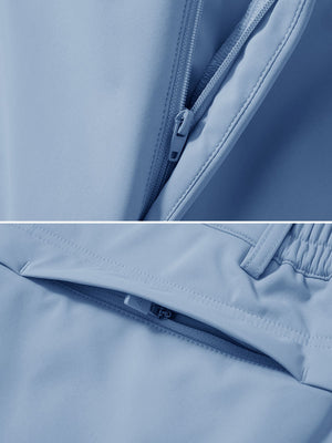 Zipper detail shot of misty blue thermal water repellent fleece dress pants