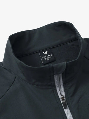 Detail view of the dark grey windproof golf vest, highlighting the collar design and zipper.