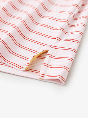 Close-up of side hem slit on Pink Red Stripe Performance Stripe Golf Shirt