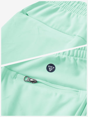 Close-up of the zipper detail of turquoise fleece stretch water resistant boys joggers.