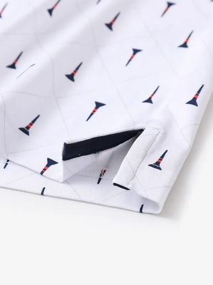 Hem slit detail of MAELREG Performance Jersey Print Polo in Check Golf Tee – comfort & movement