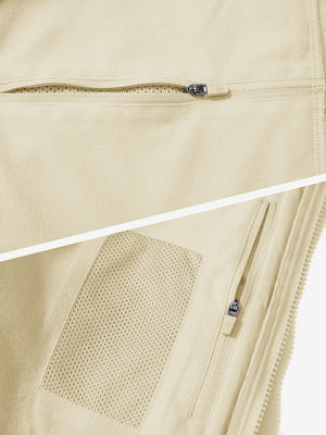 Close-up of the zipper detail of light khaki winter thermal outdoor water resistant fleece jacket