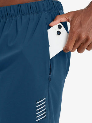 Side pocket detail with iPhone inserted on BLUE INDIGO 2 in 1 Running Sports Shorts with Liner