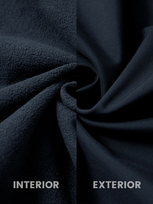 Close-up of the inner and outer fabric of winter thermal outdoor water resistant fleece jacket in navy, showing fleece lining and exterior.