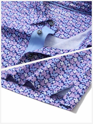 Detail shot of collar and hem of pink purple flower performance quick dry print golf polos