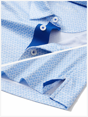 Detail shot of collar and hem of sky blue flower performance quick dry print golf polos